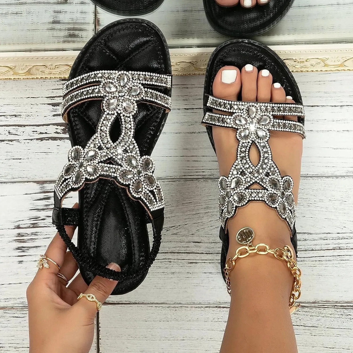 Strappy Sandals for Women 2025 Crystal Rhinestone Pearl Flat Dressy Braided T-Strap Thong Sandal with Arch Support Bling Sparkly Comfort Slip-On Shoes