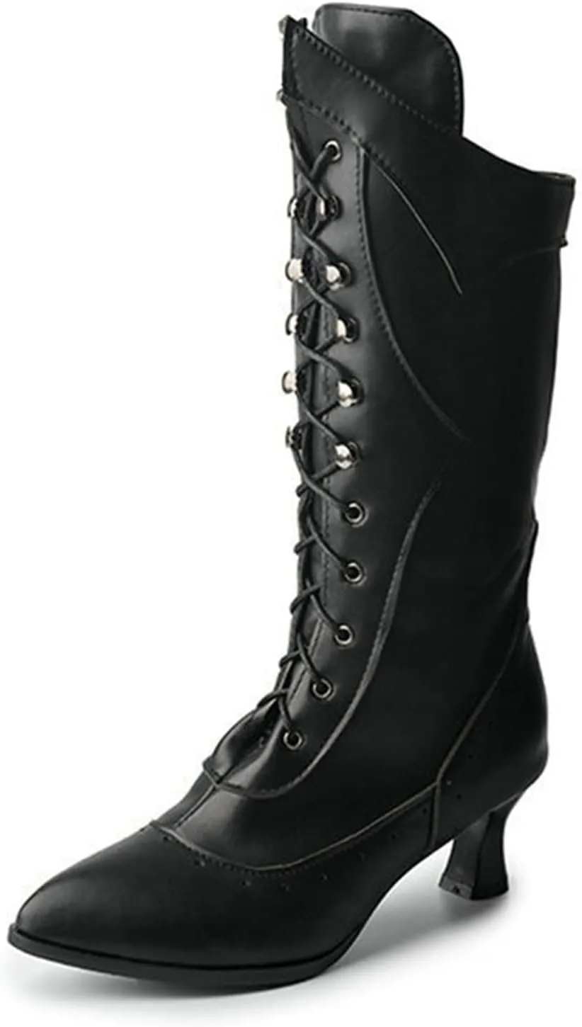 VULTRO Womens Retro Boots Ladies Lace Up Mid Calf Knee High Military Combat Biker Boots