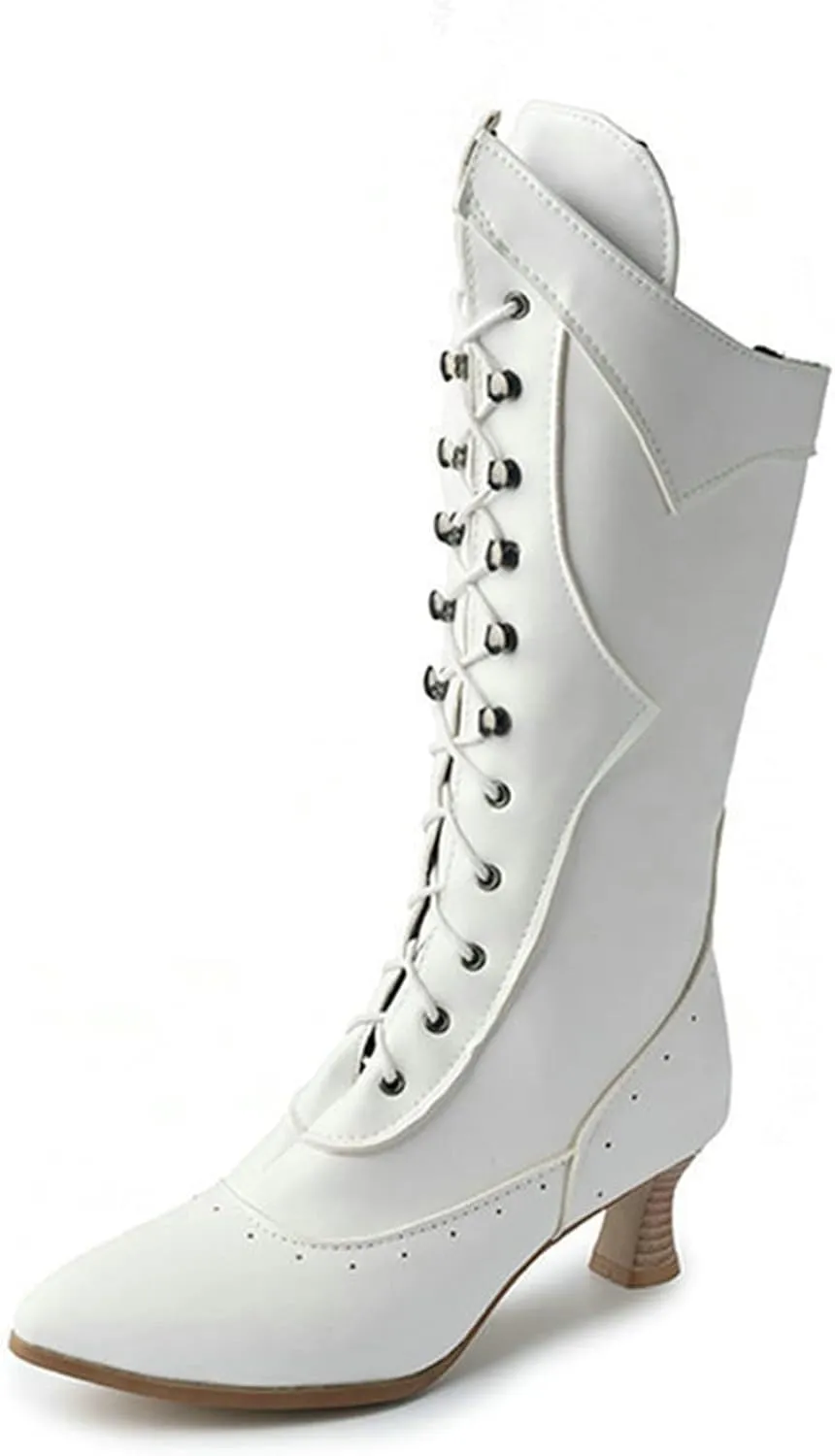 VULTRO Womens Retro Boots Ladies Lace Up Mid Calf Knee High Military Combat Biker Boots