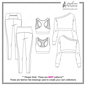 Women Activewear Outfit Sketches (3 Styles) / Fashion Flat Sketches / Fashion Technical Drawings / Crop Off-Shoulder Sweatshirt, Sports Bra, Legging for Adobe Illustrator