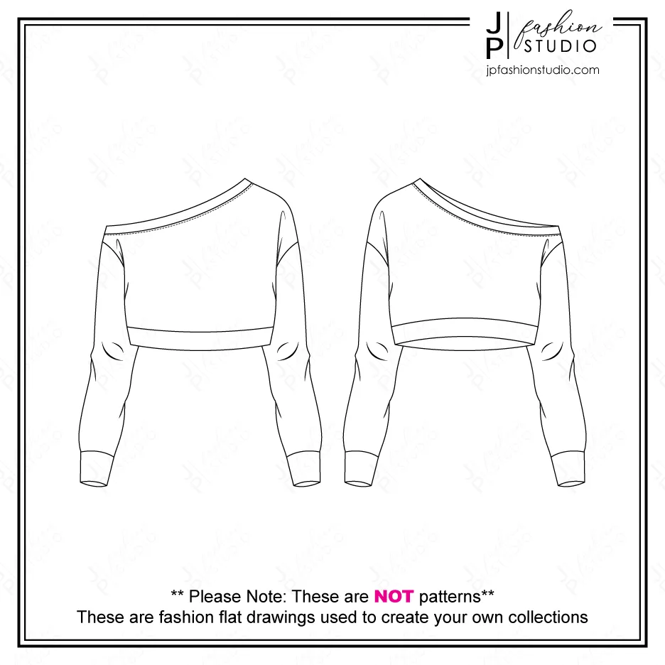 Women Activewear Outfit Sketches (3 Styles) / Fashion Flat Sketches / Fashion Technical Drawings / Crop Off-Shoulder Sweatshirt, Sports Bra, Legging for Adobe Illustrator