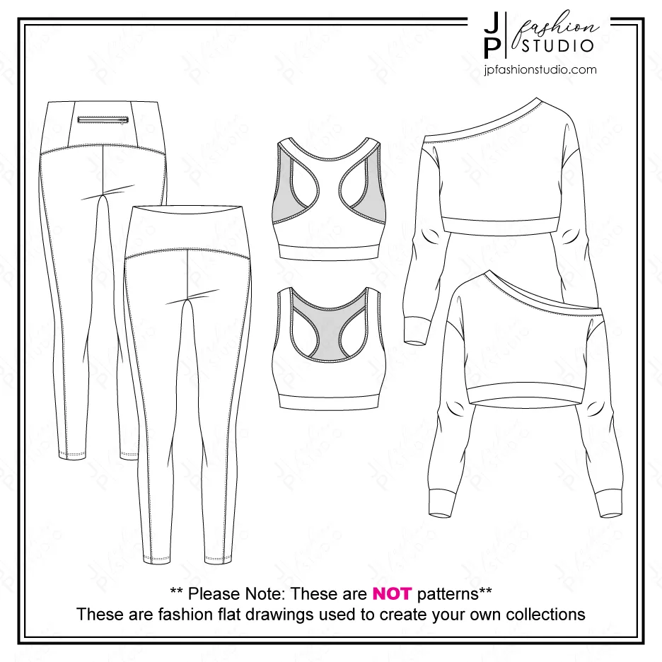 Women Activewear Outfit Sketches (3 Styles) / Fashion Flat Sketches / Fashion Technical Drawings / Crop Off-Shoulder Sweatshirt, Sports Bra, Legging for Adobe Illustrator