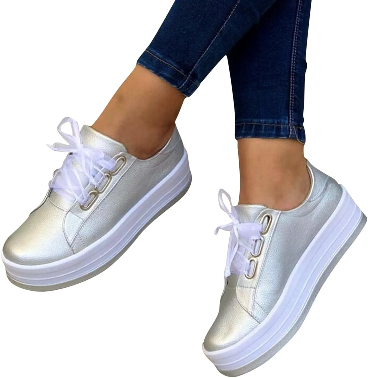 Women Thick Sole Shoes Casual Slip On Lace Up Athletic Shoes Round Toe Platform Sneakers Casual Walking Sneaker