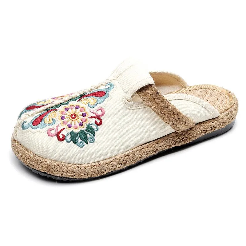 Women vintage ethnic flower embroidered espadrille slide sandals