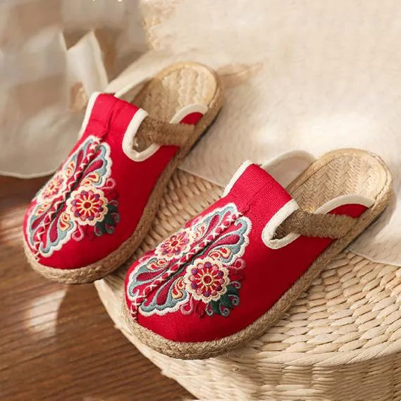 Women vintage ethnic flower embroidered espadrille slide sandals