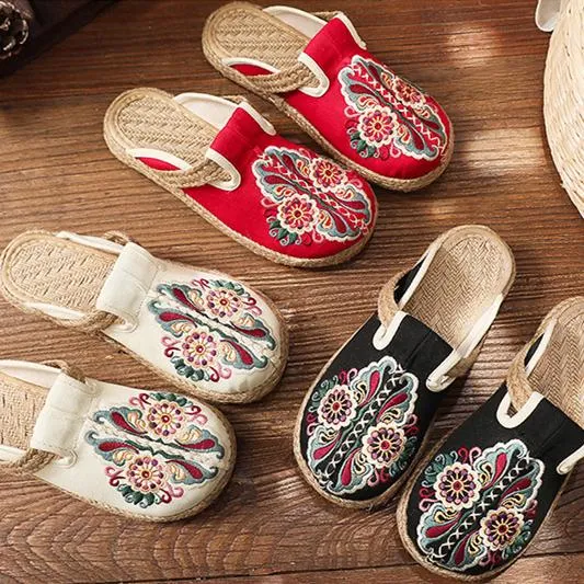 Women vintage ethnic flower embroidered espadrille slide sandals