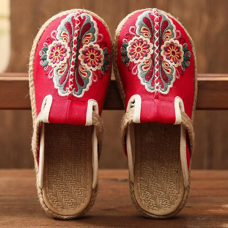 Women vintage ethnic flower embroidered espadrille slide sandals