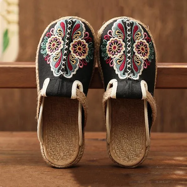 Women vintage ethnic flower embroidered espadrille slide sandals