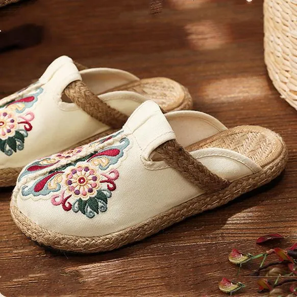 Women vintage ethnic flower embroidered espadrille slide sandals