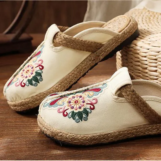 Women vintage ethnic flower embroidered espadrille slide sandals
