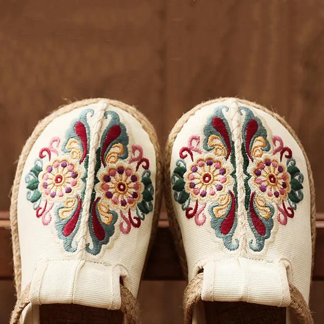 Women vintage ethnic flower embroidered espadrille slide sandals