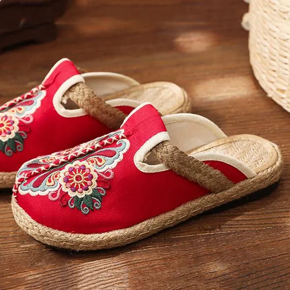 Women vintage ethnic flower embroidered espadrille slide sandals