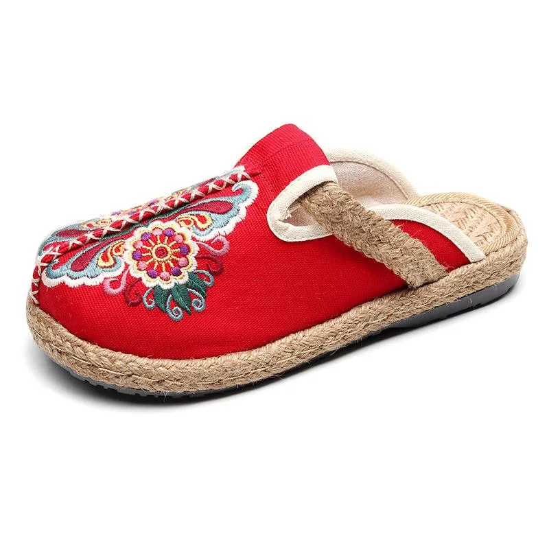 Women vintage ethnic flower embroidered espadrille slide sandals