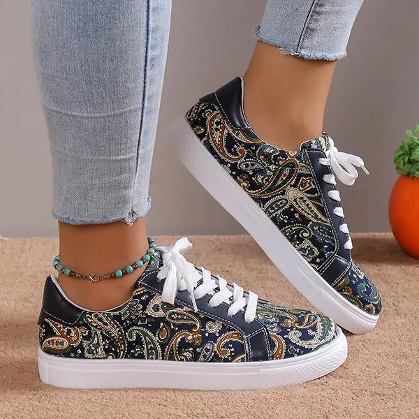 Women's Casual Fashion Printed Lace-Up Canvas Flats 46989564S