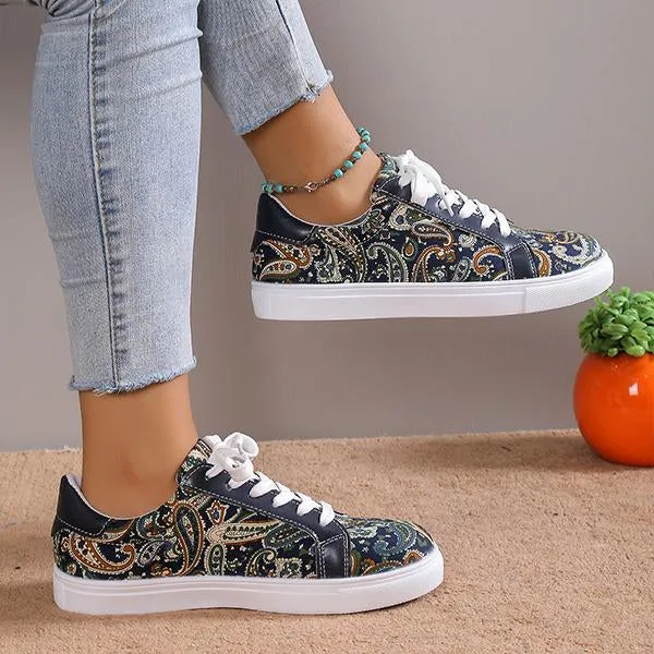 Women's Casual Fashion Printed Lace-Up Canvas Flats 46989564S