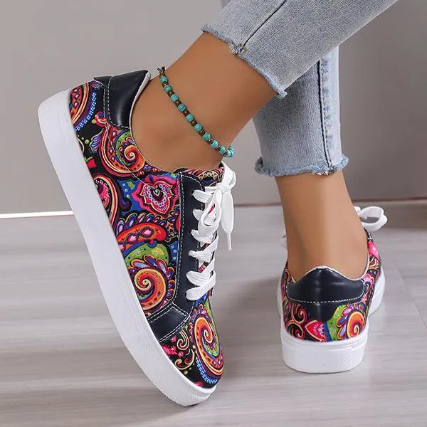 Women's Casual Fashion Printed Lace-Up Canvas Flats 46989564S