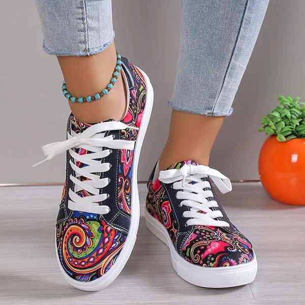 Women's Casual Fashion Printed Lace-Up Canvas Flats 46989564S