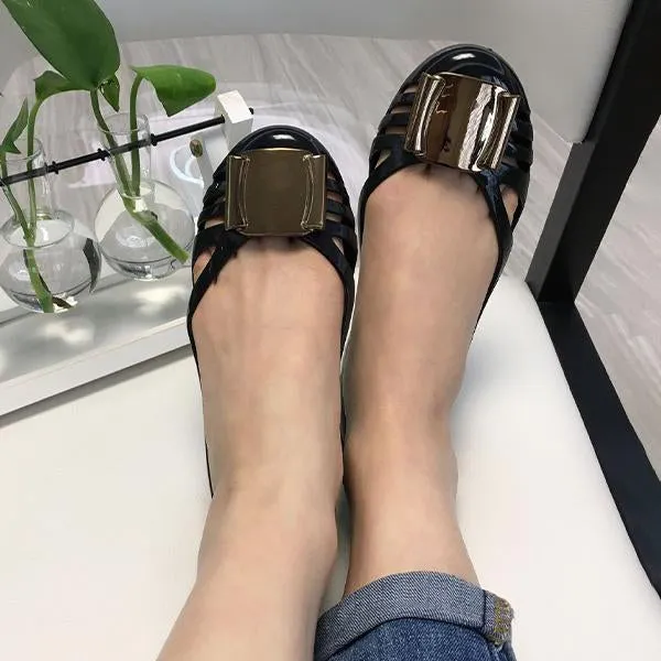 Women's Casual Metal Decorated Hollow Flat Jelly Shoes 41099491S