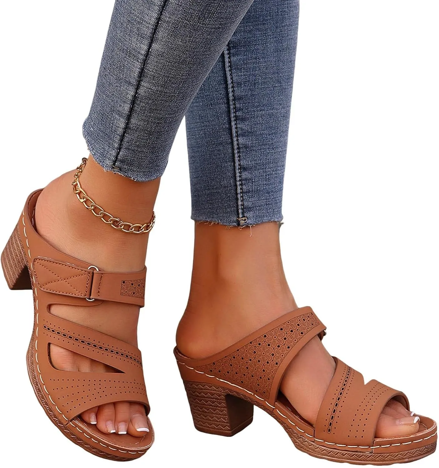 Womens Chunky Heels Sandals Casual Dressy Open Toe Adjustable Ankle Strap Slip On Beach Slides Platform Heels Slippers