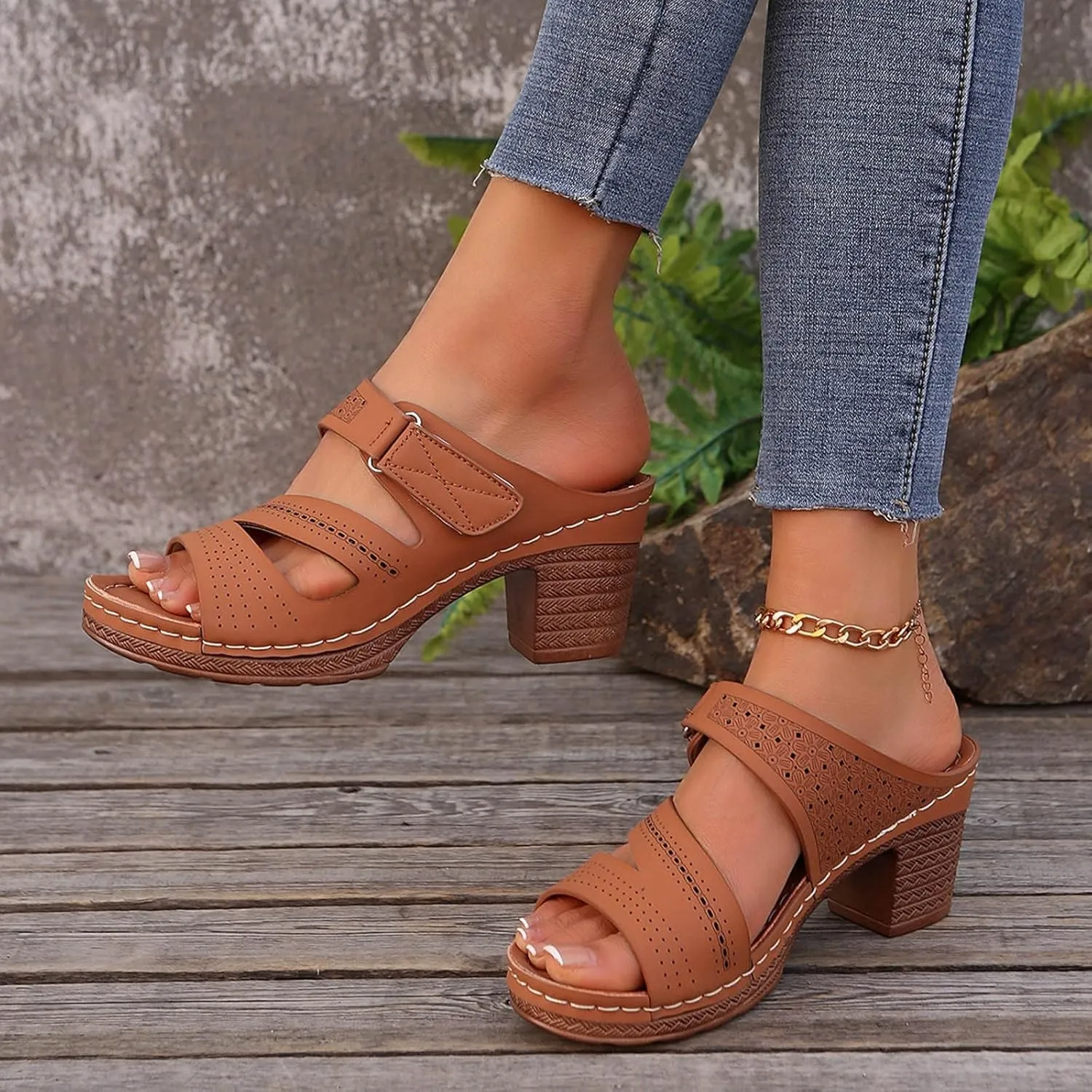 Womens Chunky Heels Sandals Casual Dressy Open Toe Adjustable Ankle Strap Slip On Beach Slides Platform Heels Slippers