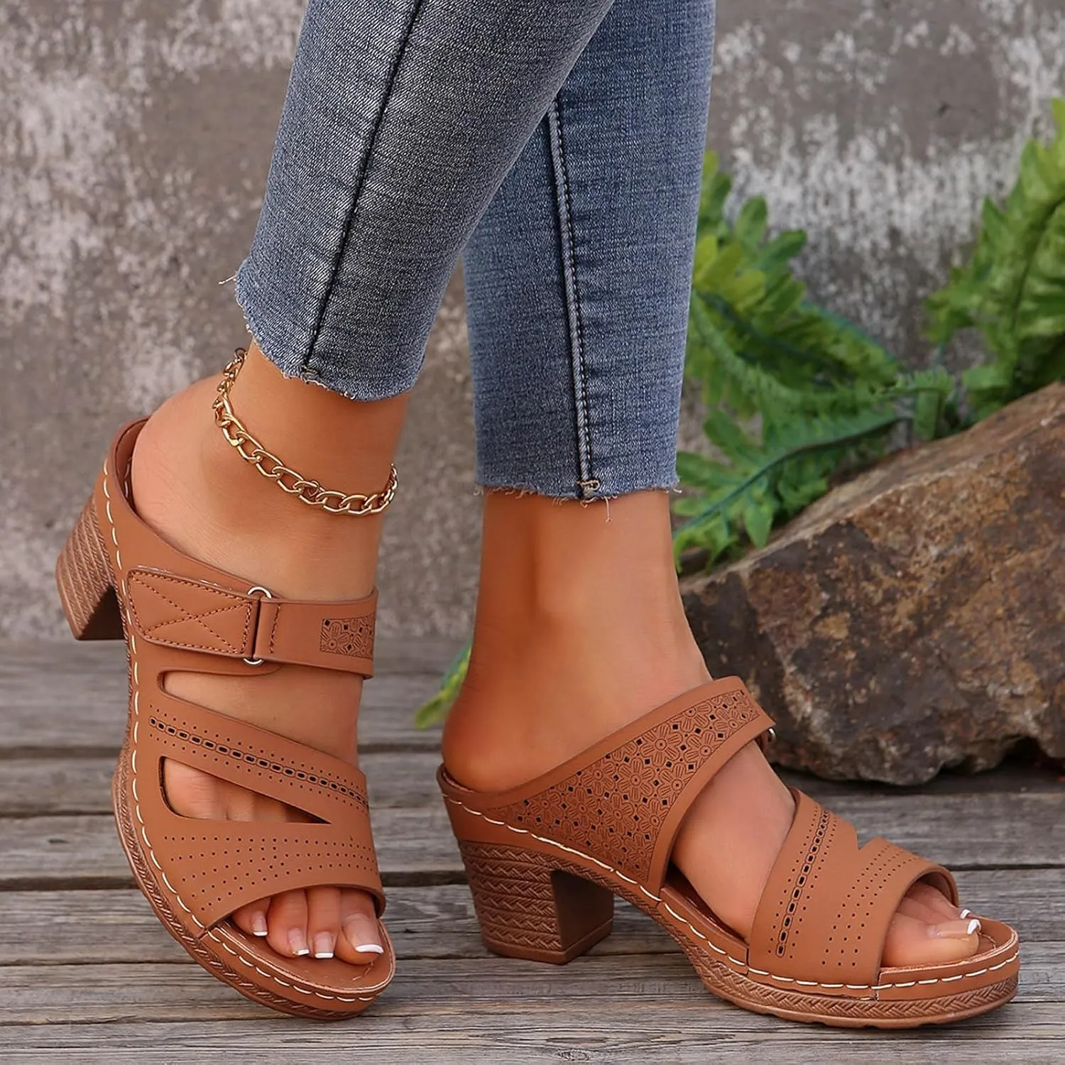 Womens Chunky Heels Sandals Casual Dressy Open Toe Adjustable Ankle Strap Slip On Beach Slides Platform Heels Slippers