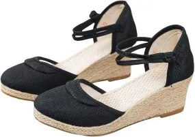 Womens Espadrilles Wedges Sandals Open Toe Platform Ankle Strap Summer Dress Shoes Espadrille Wedge Sandals for Women Dressy