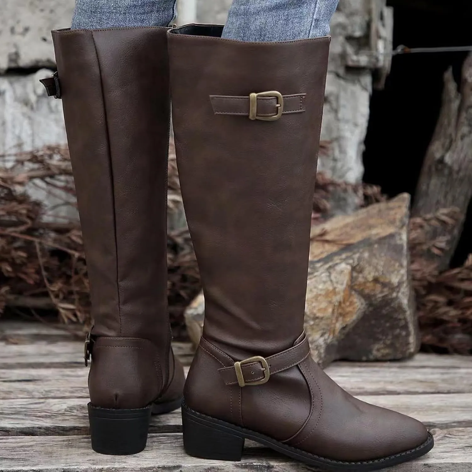 Women's Knee High Boots Riding Boots for Women Wide Calf Tall Boots Low Stacked Heel Boots Wide Width Winter Boots Metal Buckle Long Boots Faux Leather Fashion Knight Boot with Side Zipper
