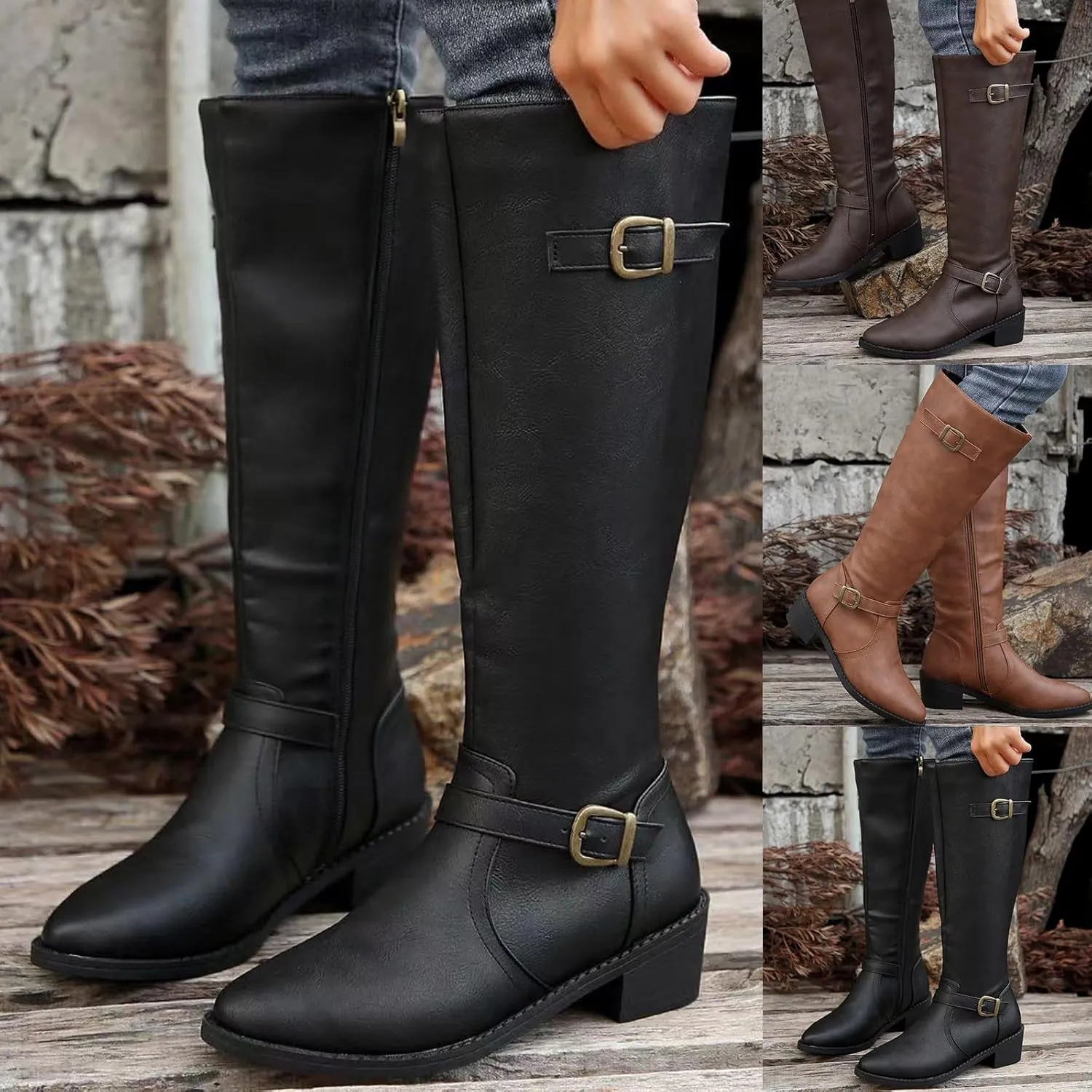 Women's Knee High Boots Riding Boots for Women Wide Calf Tall Boots Low Stacked Heel Boots Wide Width Winter Boots Metal Buckle Long Boots Faux Leather Fashion Knight Boot with Side Zipper