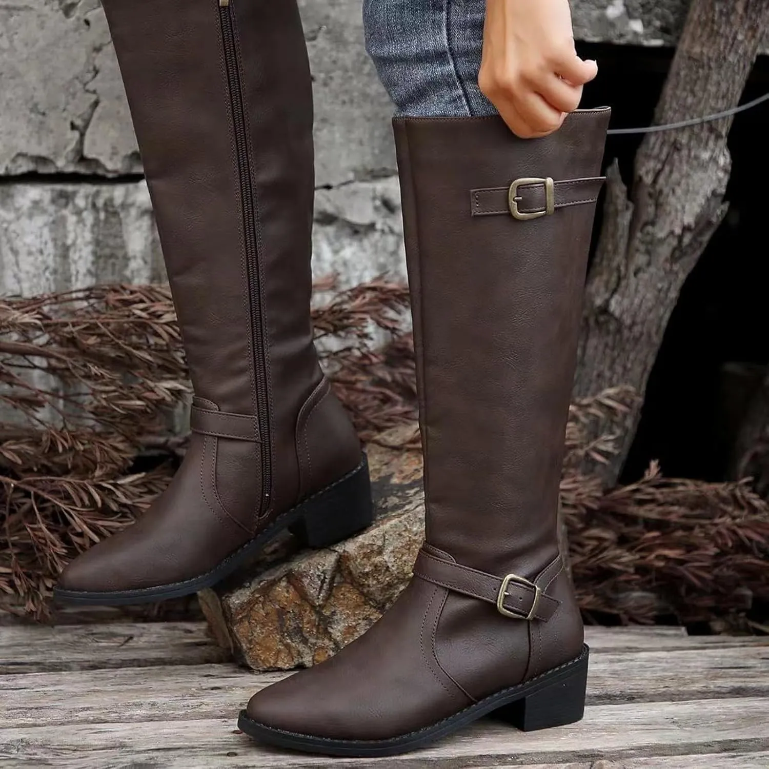 Women's Knee High Boots Riding Boots for Women Wide Calf Tall Boots Low Stacked Heel Boots Wide Width Winter Boots Metal Buckle Long Boots Faux Leather Fashion Knight Boot with Side Zipper