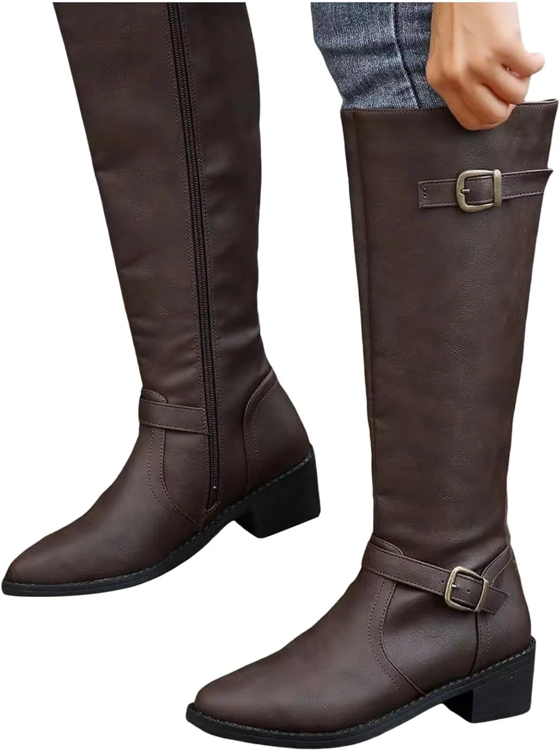 Women's Knee High Boots Riding Boots for Women Wide Calf Tall Boots Low Stacked Heel Boots Wide Width Winter Boots Metal Buckle Long Boots Faux Leather Fashion Knight Boot with Side Zipper