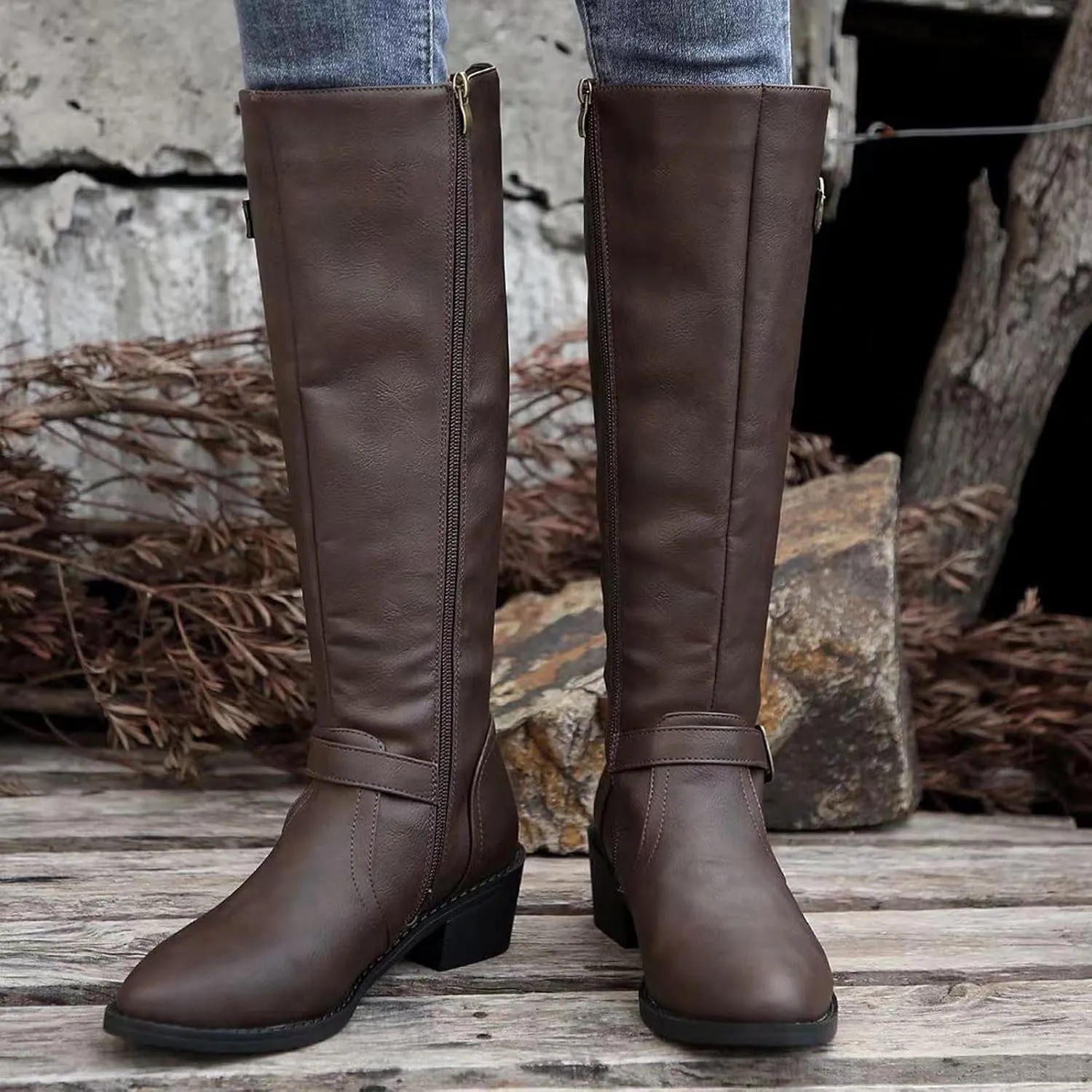 Women's Knee High Boots Riding Boots for Women Wide Calf Tall Boots Low Stacked Heel Boots Wide Width Winter Boots Metal Buckle Long Boots Faux Leather Fashion Knight Boot with Side Zipper