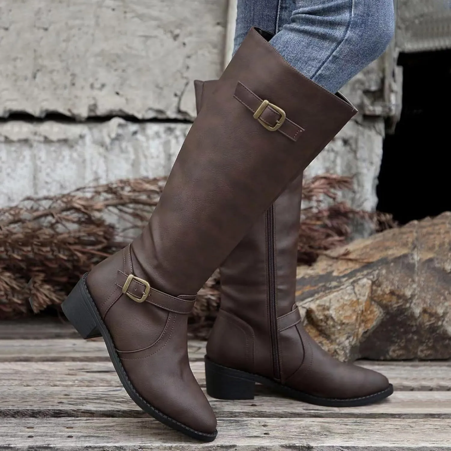 Women's Knee High Boots Riding Boots for Women Wide Calf Tall Boots Low Stacked Heel Boots Wide Width Winter Boots Metal Buckle Long Boots Faux Leather Fashion Knight Boot with Side Zipper