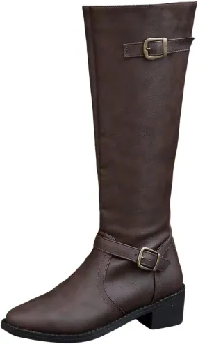 Women's Knee High Boots Riding Boots for Women Wide Calf Tall Boots Low Stacked Heel Boots Wide Width Winter Boots Metal Buckle Long Boots Faux Leather Fashion Knight Boot with Side Zipper
