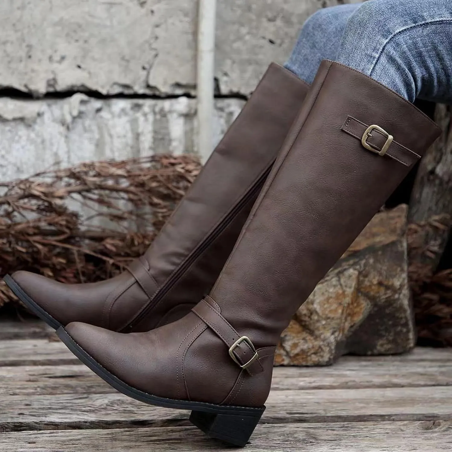 Women's Knee High Boots Riding Boots for Women Wide Calf Tall Boots Low Stacked Heel Boots Wide Width Winter Boots Metal Buckle Long Boots Faux Leather Fashion Knight Boot with Side Zipper