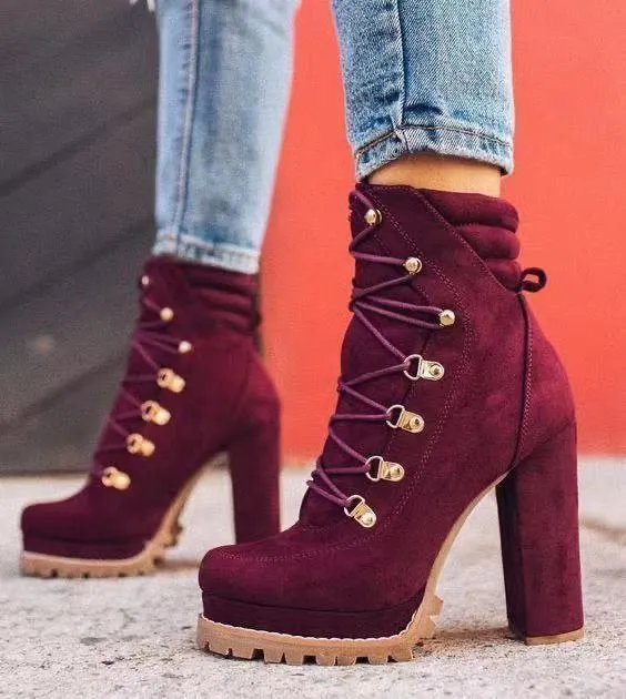 Women's Round Toe Lace-up High Heeled Boots