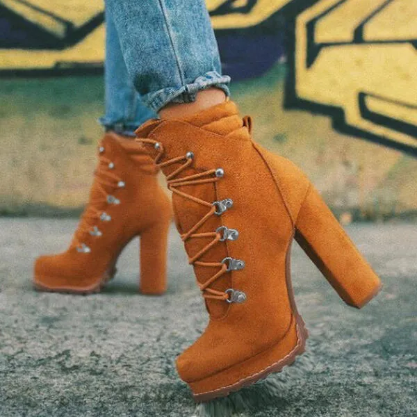 Women's Round Toe Lace-up High Heeled Boots