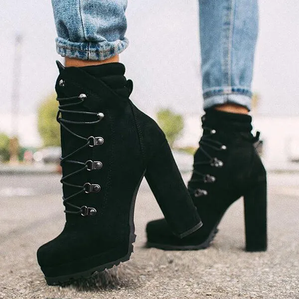 Women's Round Toe Lace-up High Heeled Boots