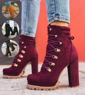 Women's Round Toe Lace-up High Heeled Boots