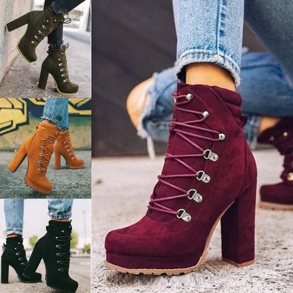 Women's Round Toe Lace-up High Heeled Boots
