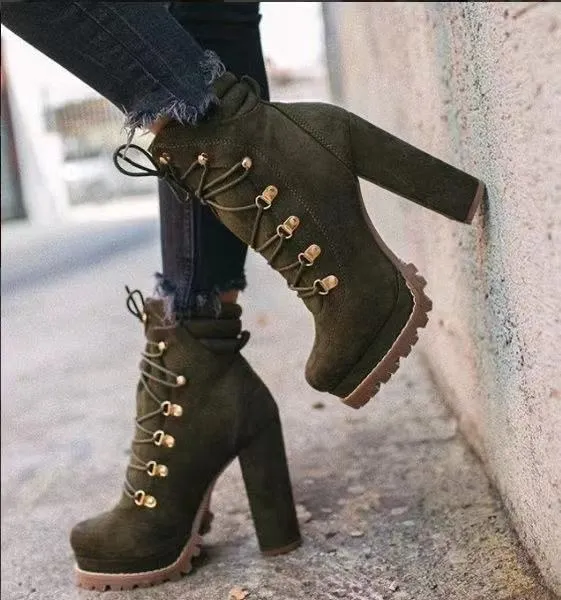 Women's Round Toe Lace-up High Heeled Boots