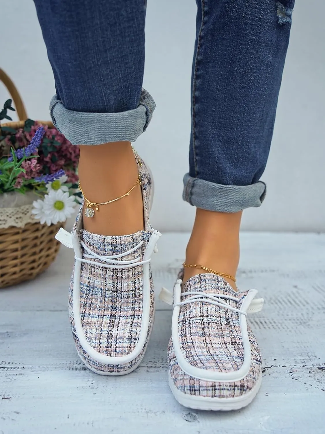 Women's Solid Comfortable Lace-up Loafers Orthopedic Ultralight Canvas Boat Casual Shoes with Arch Support Lightweight Slip On Sneakers