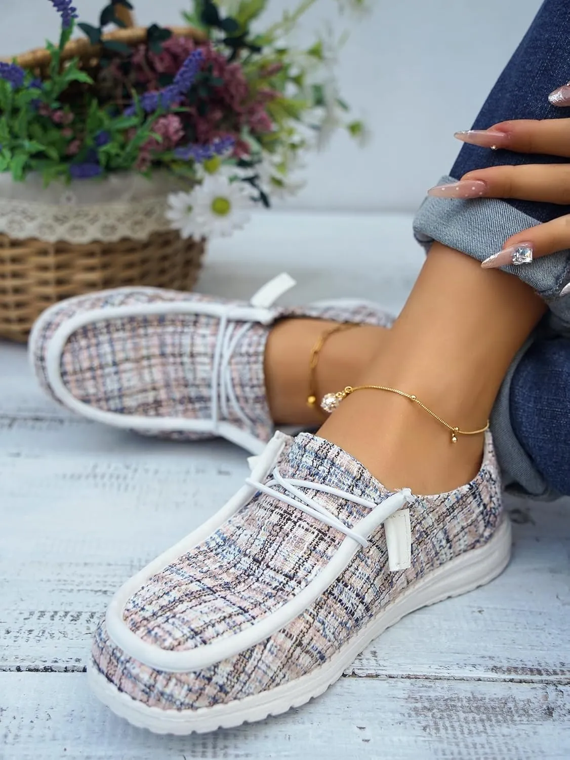 Women's Solid Comfortable Lace-up Loafers Orthopedic Ultralight Canvas Boat Casual Shoes with Arch Support Lightweight Slip On Sneakers