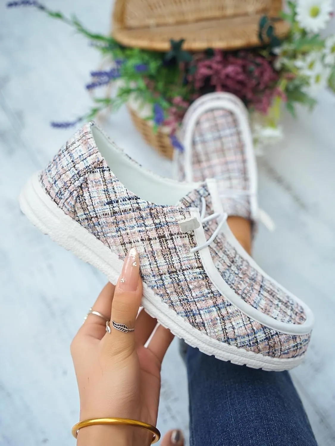 Women's Solid Comfortable Lace-up Loafers Orthopedic Ultralight Canvas Boat Casual Shoes with Arch Support Lightweight Slip On Sneakers