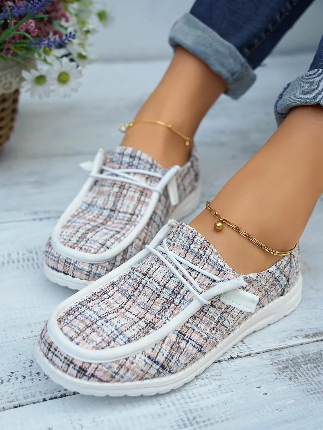 Women's Solid Comfortable Lace-up Loafers Orthopedic Ultralight Canvas Boat Casual Shoes with Arch Support Lightweight Slip On Sneakers