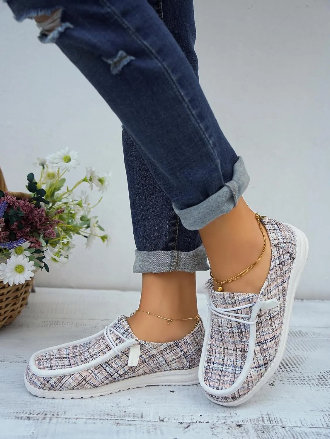 Women's Solid Comfortable Lace-up Loafers Orthopedic Ultralight Canvas Boat Casual Shoes with Arch Support Lightweight Slip On Sneakers