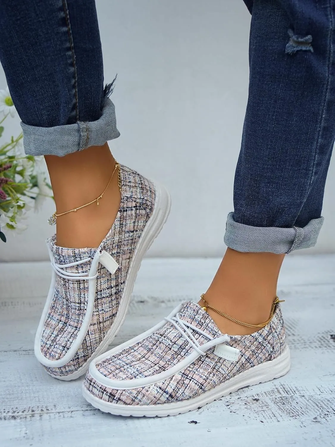 Women's Solid Comfortable Lace-up Loafers Orthopedic Ultralight Canvas Boat Casual Shoes with Arch Support Lightweight Slip On Sneakers