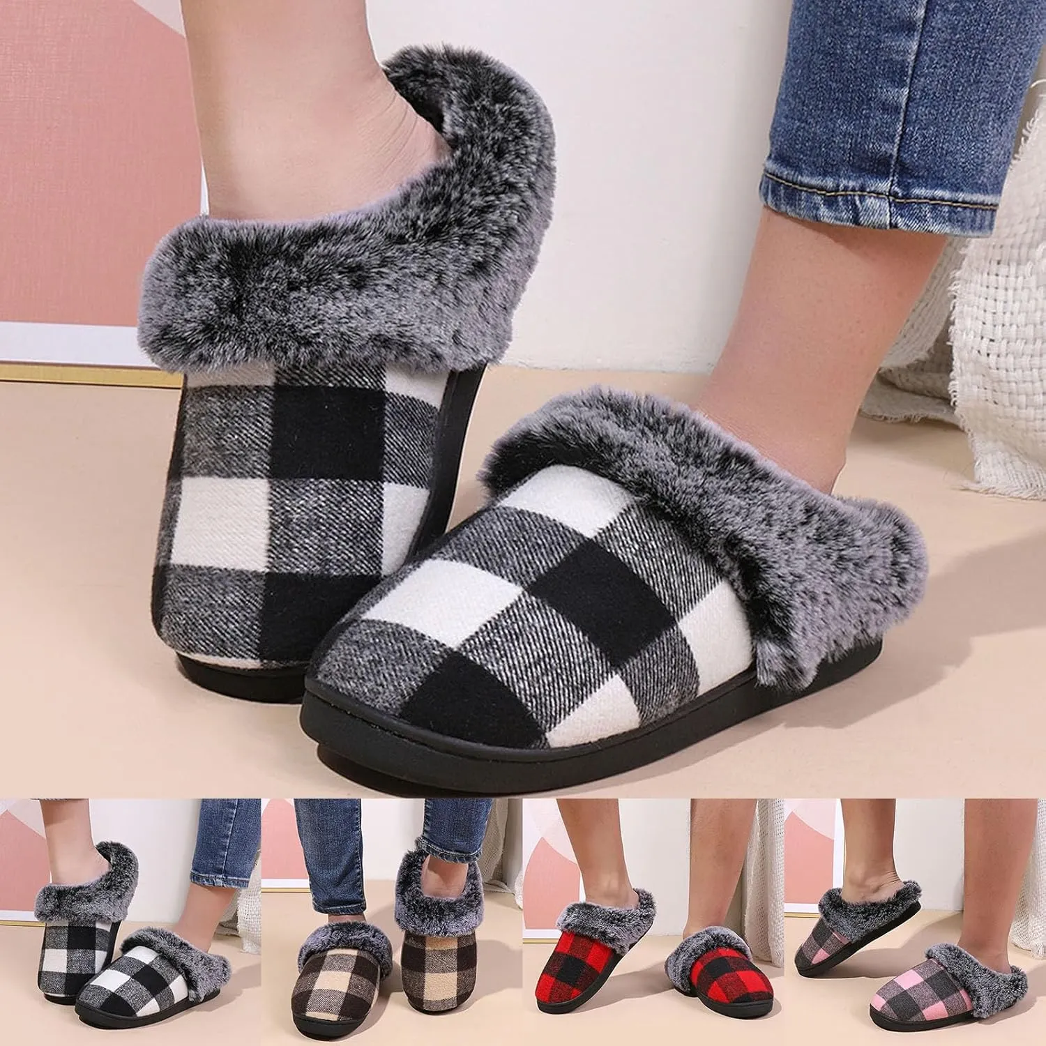 Womens Stripe Slippers Slip on Fuzzy Bridal Slippers Outdoor Indoor House Slippers Warm Plush Bedroom Shoes