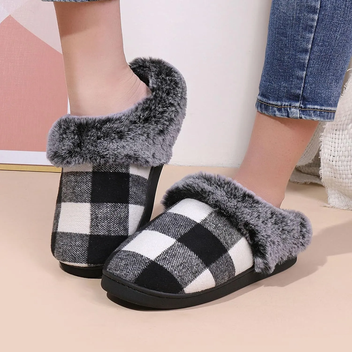 Womens Stripe Slippers Slip on Fuzzy Bridal Slippers Outdoor Indoor House Slippers Warm Plush Bedroom Shoes