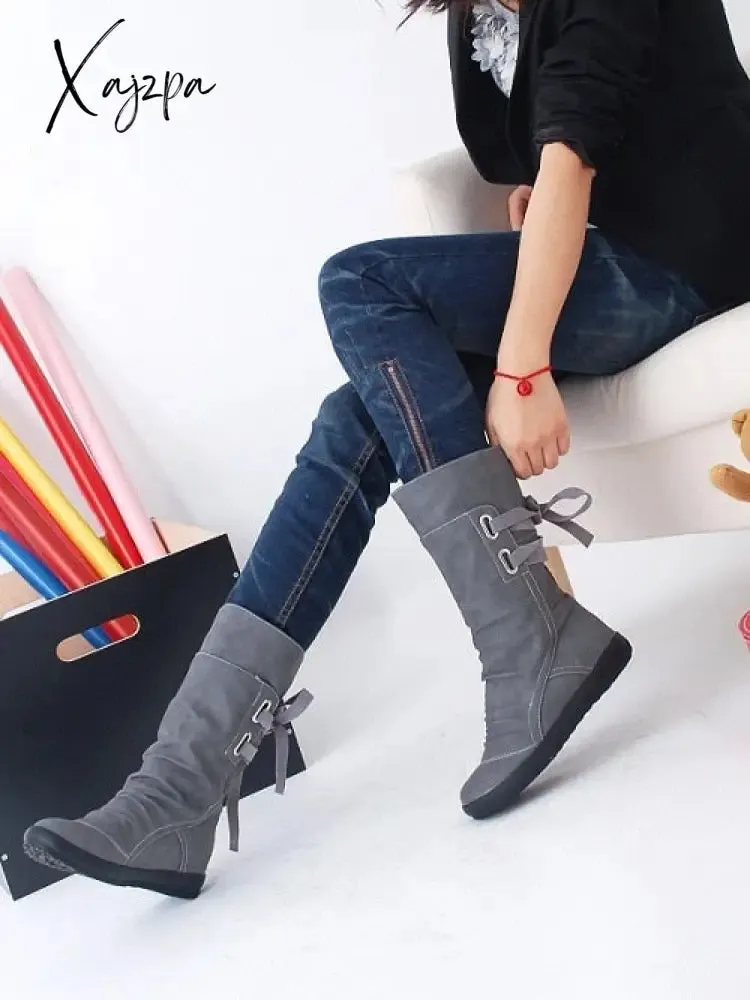Xajzpa - Explosion Models Large Size Women's Shoes Belt Buckle In The Tube Boots After The Strap Flat Riding Women's Boots 40-43
