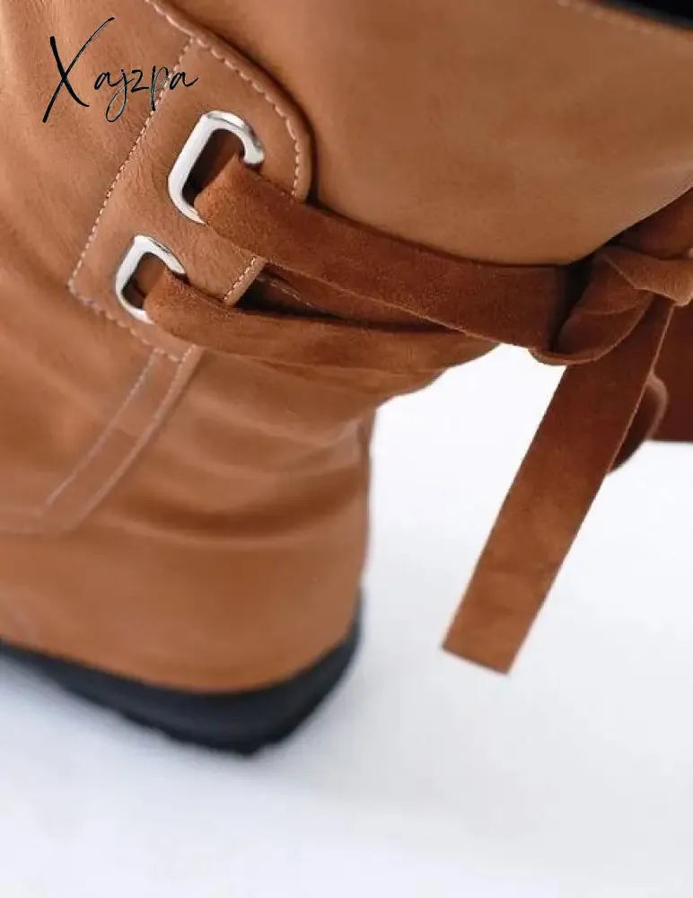 Xajzpa - Explosion Models Large Size Women's Shoes Belt Buckle In The Tube Boots After The Strap Flat Riding Women's Boots 40-43